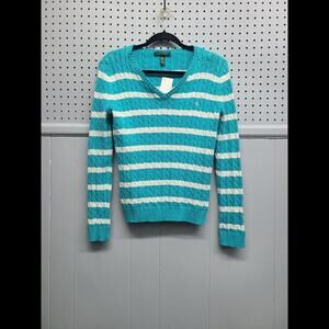Lauren by Ralph Lauren V-Neck Cable Knit Sweater Women's M (Teal/White)